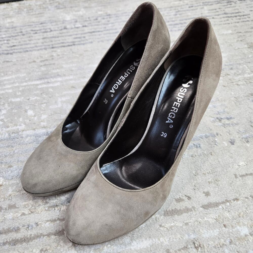 Superga Heeled Pump Shoes Taupe Neutral Suede Leather Round Toe Classic 39